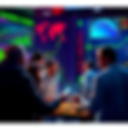 Group of people discussing cryptocurrency while looking at charts and screens showing market trends