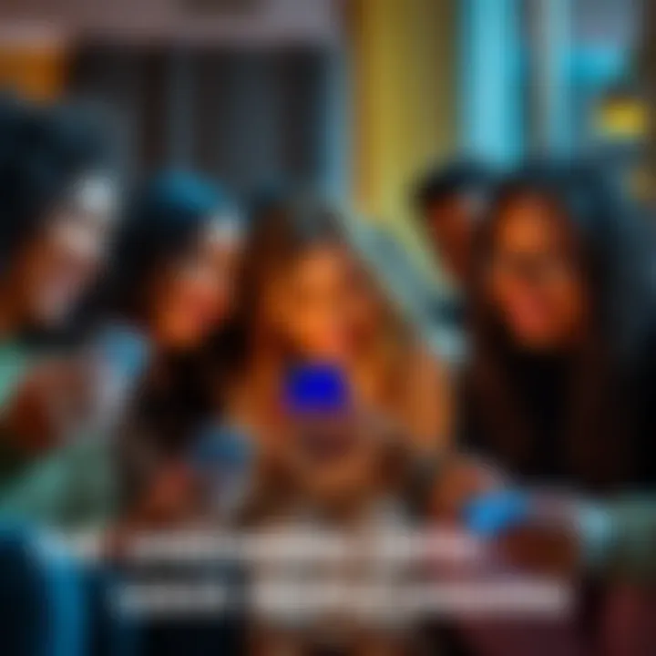 A group of diverse individuals laughing together while reading negative comments on their phones, showing resilience against online hate speech