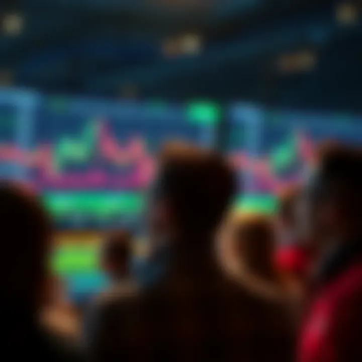 A group of people staring at digital screens displaying falling altcoin graphs, with a mix of concern and hope on their faces.