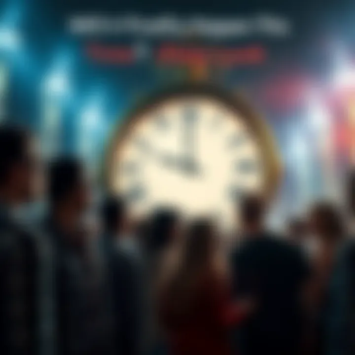 A group of people gathered, eagerly watching a large clock as they anticipate an upcoming event, with expressions of hope and excitement.