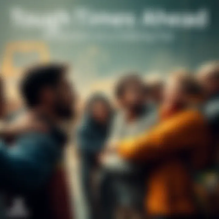 A diverse group of people supporting each other during difficult times, showing resilience and determination.