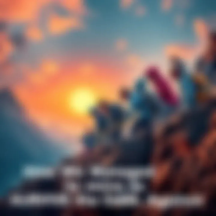 A group of diverse individuals working together to climb a steep mountain, showcasing determination and teamwork.