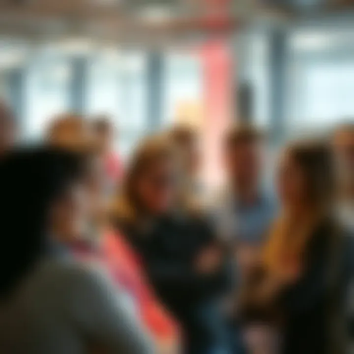 A group of people discussing their views on a new design, with some smiling and others looking concerned.