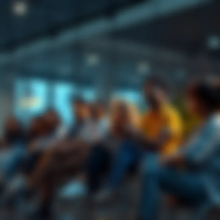 A group of diverse people sitting together, discussing and contemplating future plans with a calm setting.