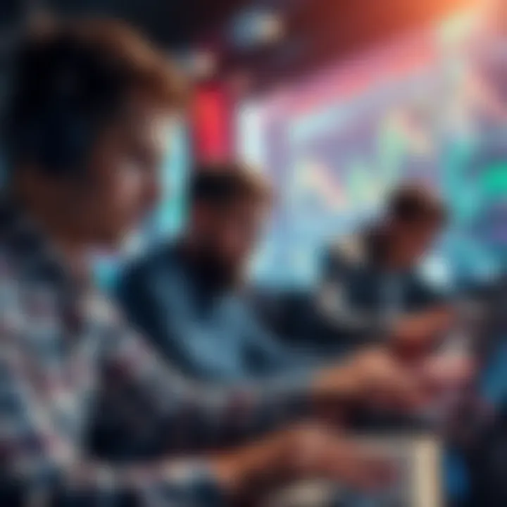 People trading cryptocurrency A group of people focused on trading cryptocurrency on their laptops and phones, aiming for quick profits
