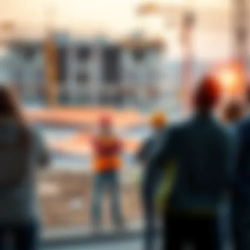 People Waiting for Project Updates A group of frustrated people standing with crossed arms, looking at a construction site with unfinished work, symbolizing delays in project completion.