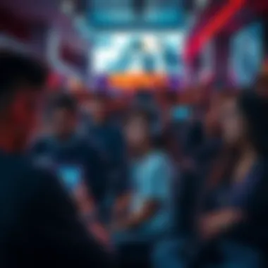 A group of people watching advertisements on their devices to earn tokens for auction bids, showing frustration and engagement.