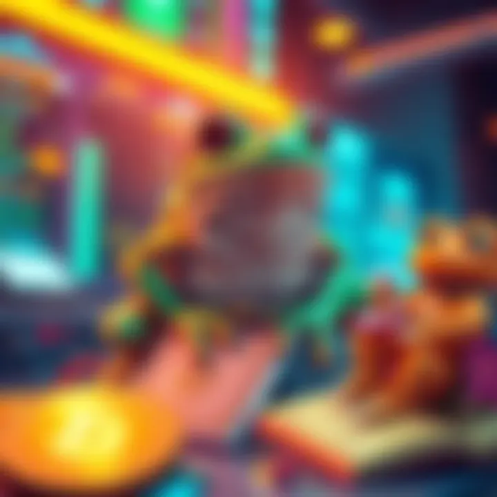 Pepe the Frog is highlighted above CRO in a vibrant crypto-themed setting, symbolizing its rise in value, while CRO appears smaller and less prominent.