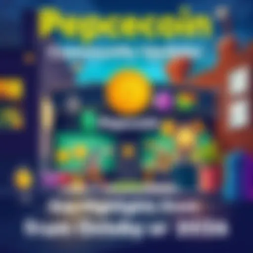 Pepecoin Community Update Highlights Illustration showing Pepecoin logo, PepecoinHub storefront, and Pepe Century game elements