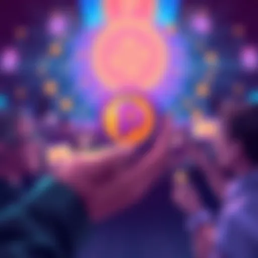 Illustration showing a hand holding a coin with Pepecoin logo, surrounded by people commenting and inviting others