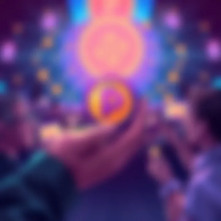 Illustration showing a hand holding a coin with Pepecoin logo, surrounded by people commenting and inviting others