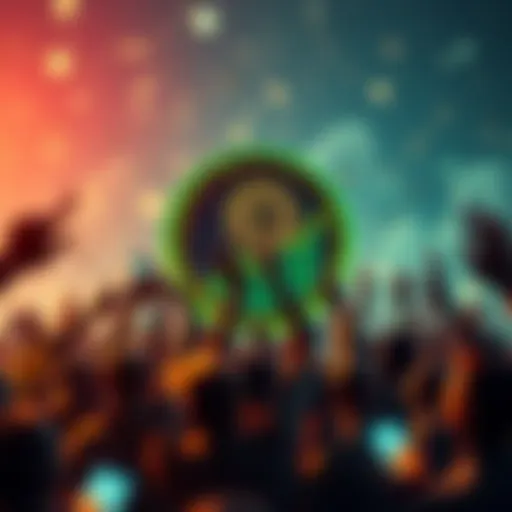 Pepecoin logo with a graph showing 189% increase, surrounded by community members celebrating