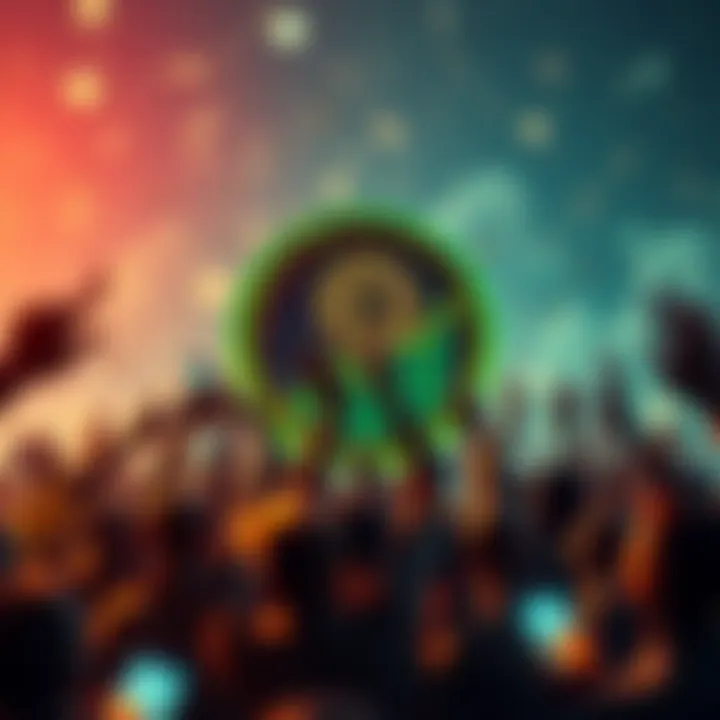 Pepecoin logo with a graph showing 189% increase, surrounded by community members celebrating