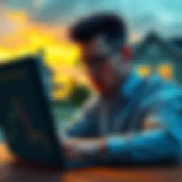 Individual appears conflicted while viewing a Bitcoin price chart on a laptop, with a house visible in the background symbolizing their recent purchase.