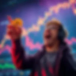 A person excitedly investing their paycheck in Bitcoin during a market surge, with Bitcoin price charts in the background.