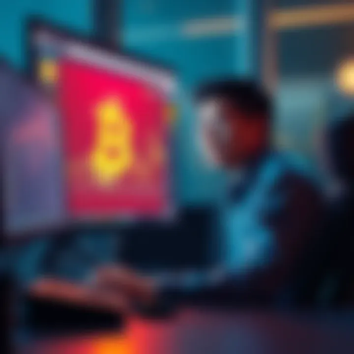 A person sitting at a computer, looking anxious while monitoring Bitcoin prices on the screen, contemplating a sale.