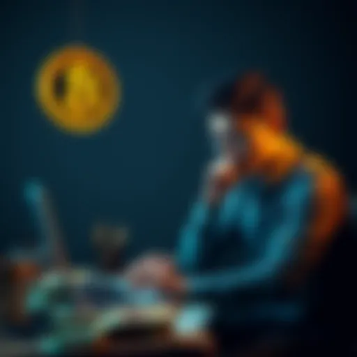 A person sitting at a desk with a laptop, looking thoughtful about investing money in Bitcoin, with a stack of cash nearby