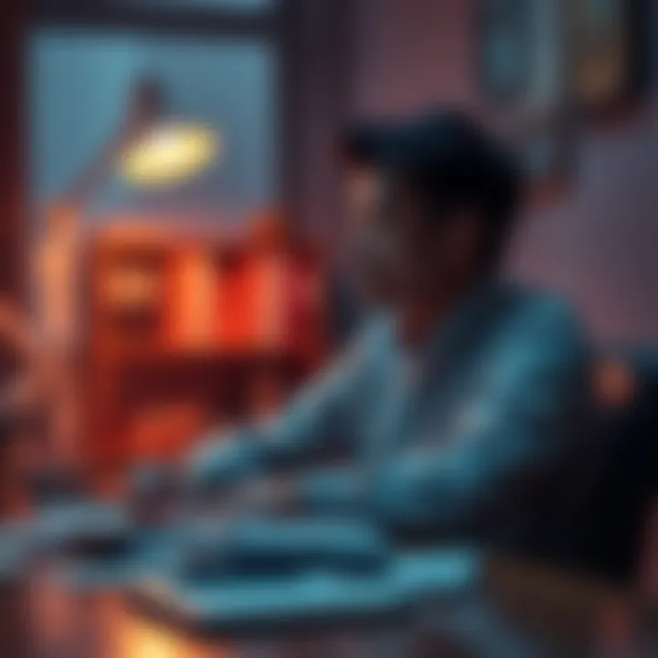 A person sitting at a desk, looking thoughtfully at a stack of bills and investment papers, reflecting on past decisions.