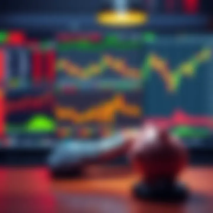 A person sitting at a table, looking at stock market charts and a piggy bank, reflecting on investment choices between stocks and tangible assets.