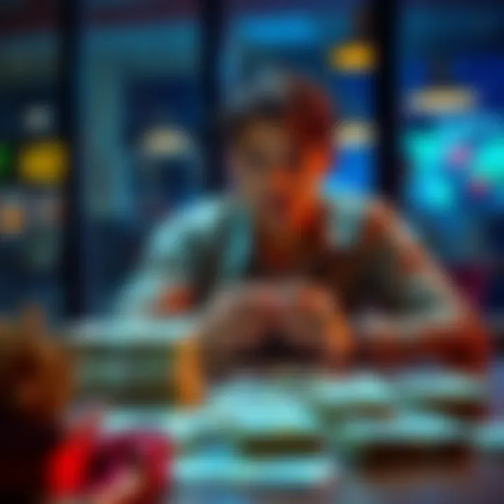 A person sitting at a table counting stacks of cash, contemplating finances and trading success.