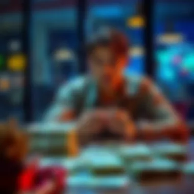 Person counting cash A person sitting at a table counting stacks of cash, contemplating finances and trading success.