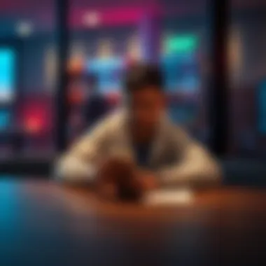 Person looking at phone in distress A person sitting at a table, looking worried while checking their phone, symbolizing loss from a phishing scam.