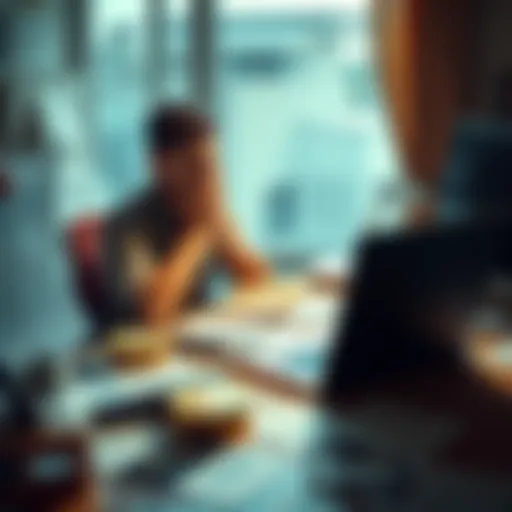 Individual sitting at a desk with a laptop, showing signs of distress about Bitcoin investment losses. Papers and financial charts are scattered around, reflecting emotional turmoil.