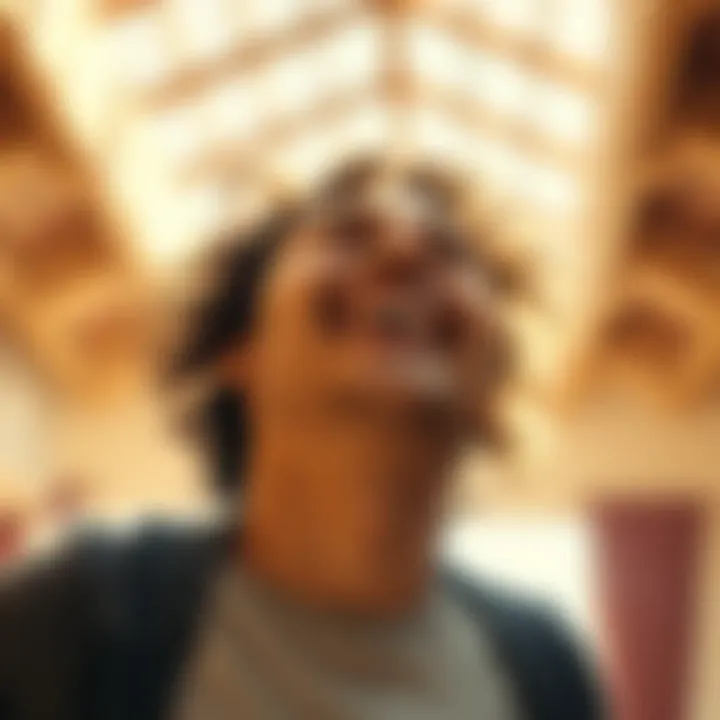 Person in a state of euphoria A person smiling widely, showing signs of excitement and high energy in a bright setting, representing the feeling of hypomania.