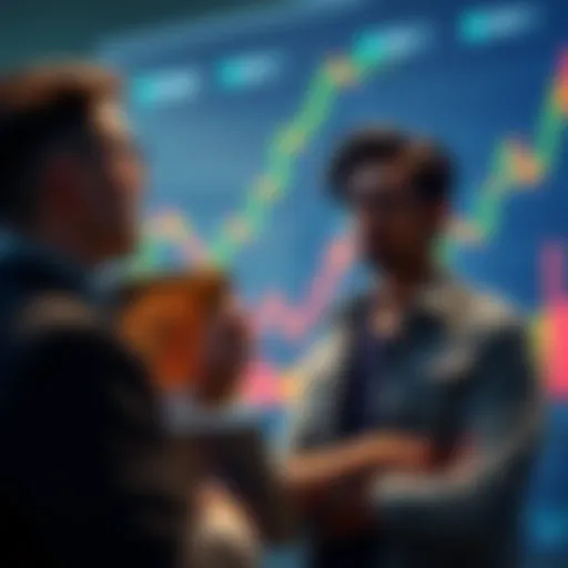 A person is discussing Bitcoin with a friend who appears skeptical, with charts and graphs in the background highlighting Bitcoin's value and growth.