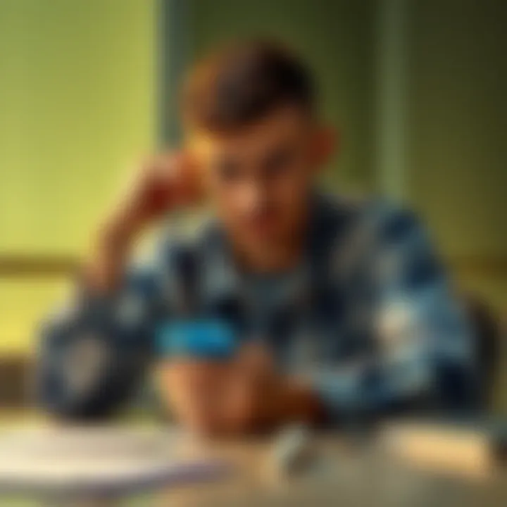 Individual sitting at a desk looking concerned while holding a credit card and a reward card