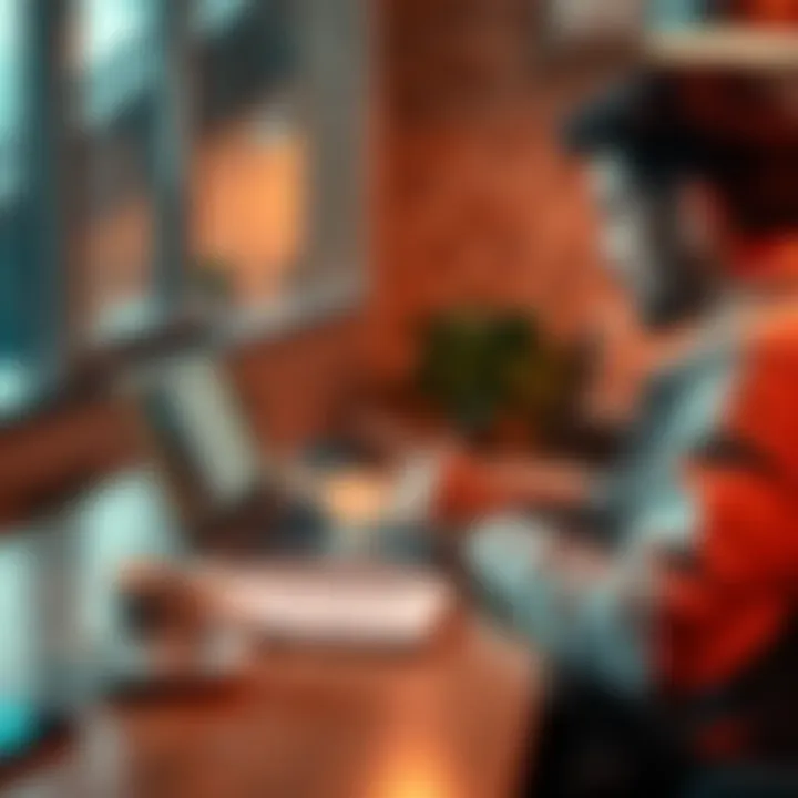 A person sitting at a desk, actively participating in an online survey on a laptop with a coffee cup nearby.