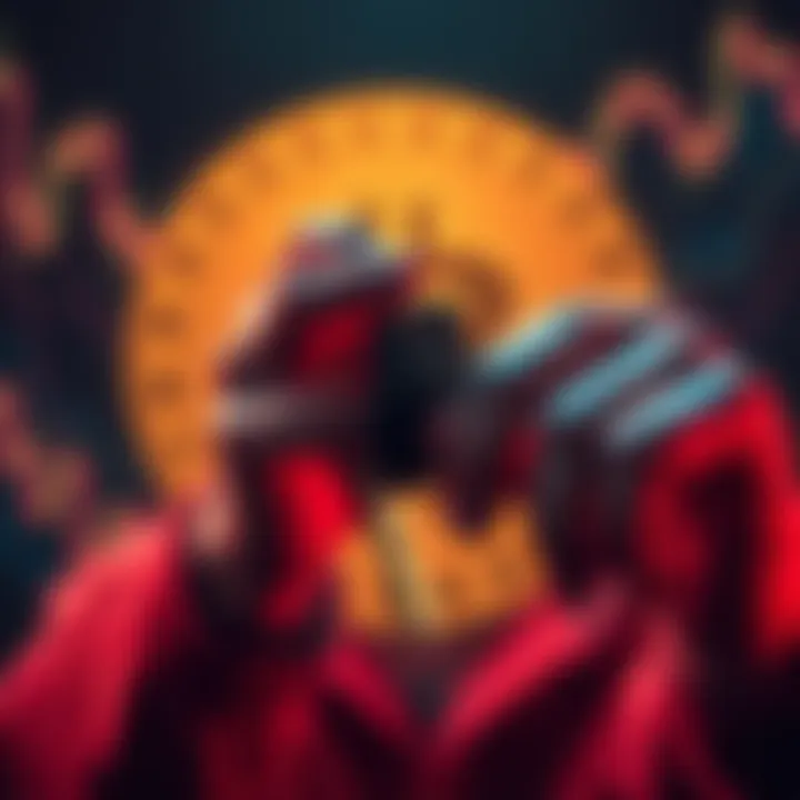 A person anxiously holding a Bitcoin passkey with Bitcoin logo in the background