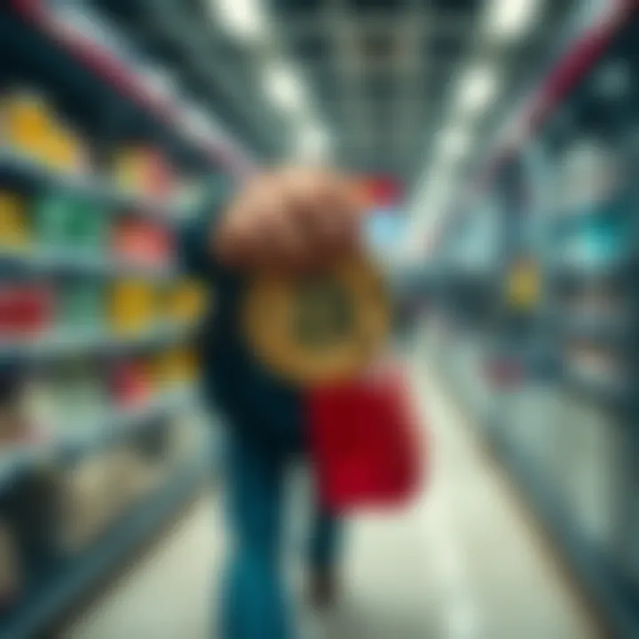 Person holding a Bitcoin while shopping A person discreetly holding a Bitcoin while walking through a store with a shopping bag in hand