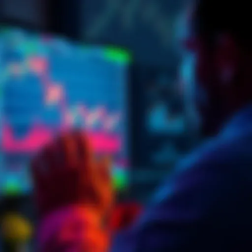 Individual analyzing a screen displaying ETH cryptocurrency price charts, showing a significant drop, reflecting worry and hope for recovery