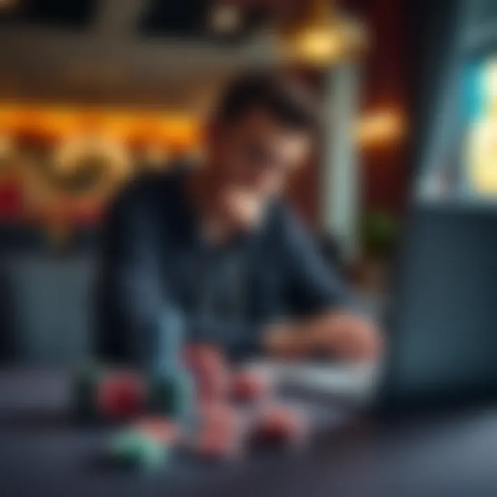A person sitting at a table, looking thoughtfully at a laptop displaying Bitcoin charts and gambling chips scattered around, reflecting on their financial choices.