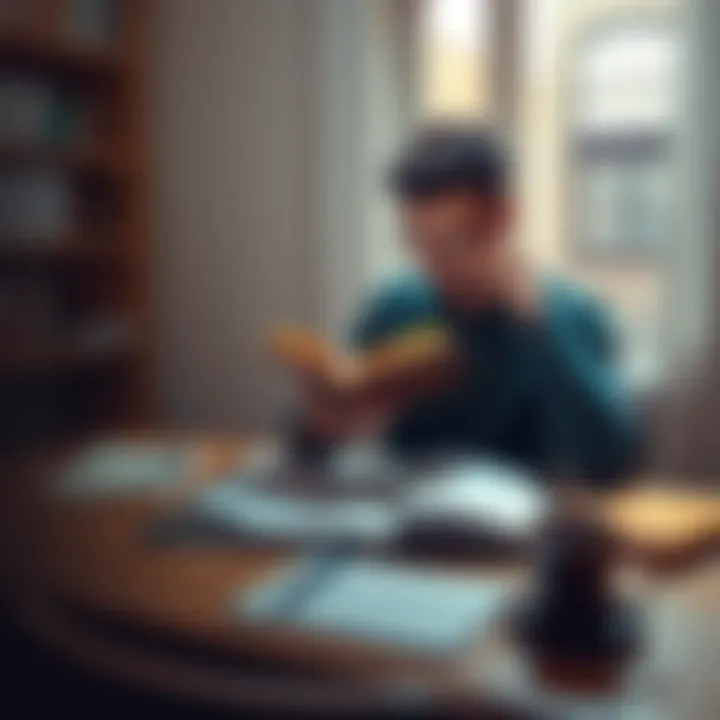 A person sitting at a table, reading a book with a thoughtful expression, surrounded by notes and a cup of coffee.