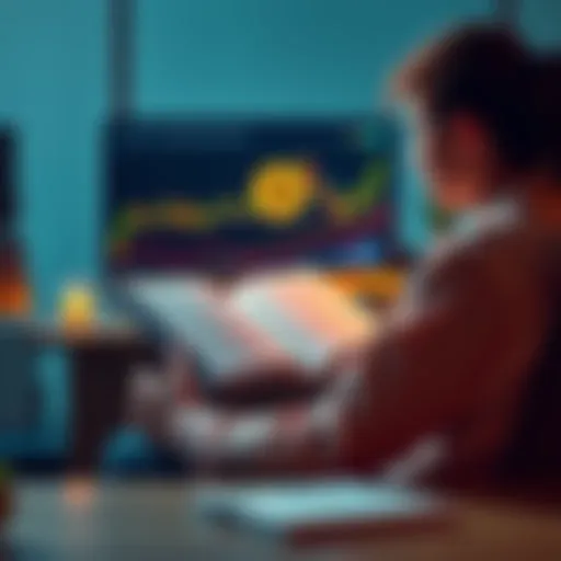 A person sitting at a desk, reading a book with a Bitcoin price chart on the screen, indicating a calm approach to market dips