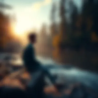 A person sitting on a rock by a river, looking thoughtful and peaceful, surrounded by trees and nature.