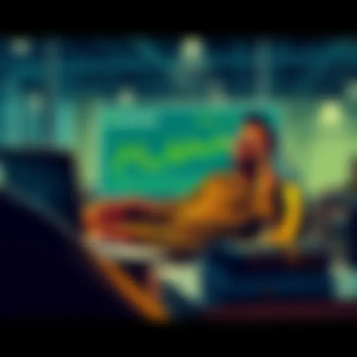 A person sits comfortably with a laptop and a crypto wallet, looking relaxed and content about their financial choices, with some charts visible on the screen.