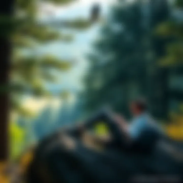 Individual sitting on a rock in a forest, working on a laptop while surrounded by trees and greenery, symbolizing freedom from digital clutter