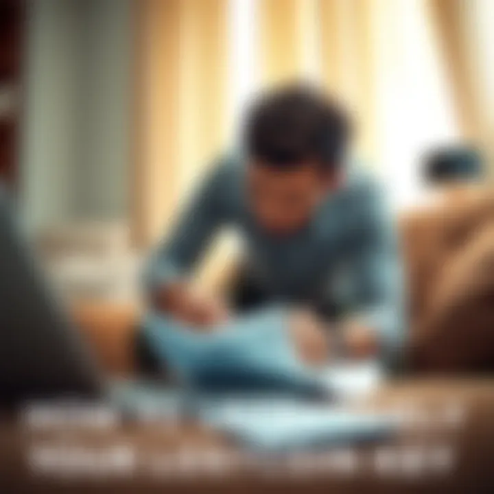 A person looking under a couch and checking papers for a lost bitcoin key