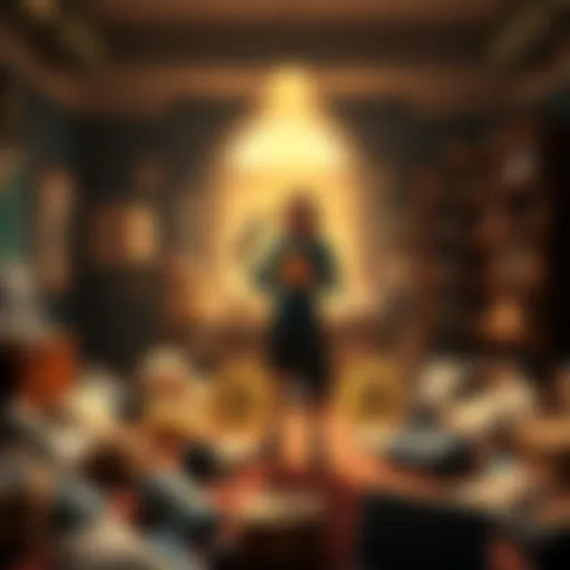 A person stands in a room surrounded by sold items, holding a Bitcoin symbol, symbolizing their choice to invest everything in Bitcoin.