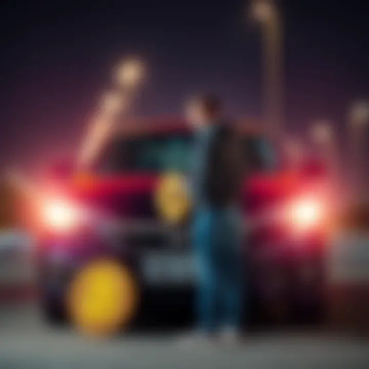 A person stands beside a car with a 'For Sale' sign, holding a Bitcoin symbol.