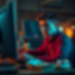 A worried individual at a computer, looking for quick ways to sell cryptocurrency to get cash, with bills nearby