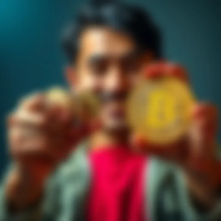 A person holding gold coins in one hand and a Bitcoin symbol in the other hand, looking optimistic about their investment decision