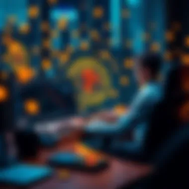 A person sitting at a desk using a laptop to sell PiCoin, with digital coins in the background