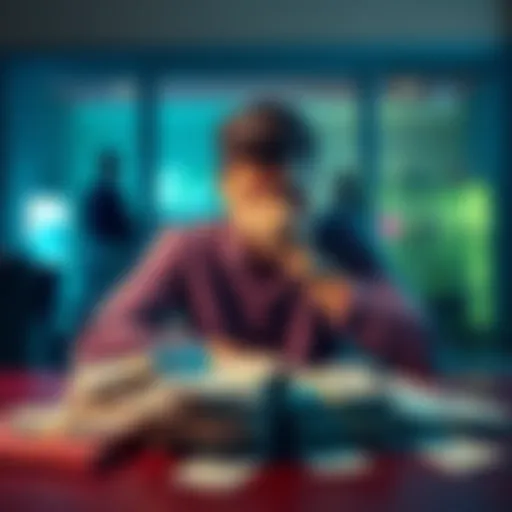 Individual sitting at a table with piles of bills and a disappointed expression