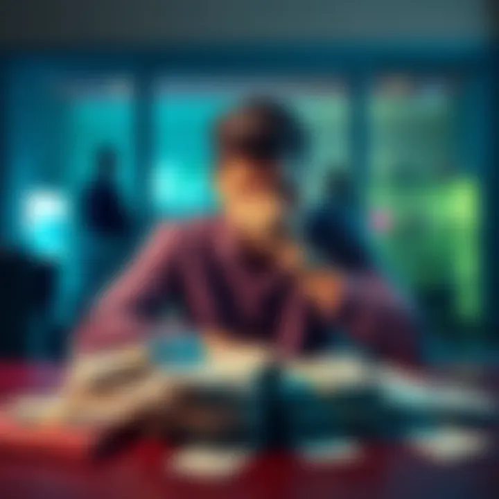Person looking upset with bills Individual sitting at a table with piles of bills and a disappointed expression