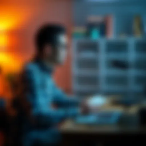 A person sitting at a desk with a laptop and a notepad, looking focused while managing work for two jobs to save money for Bitcoin investments.