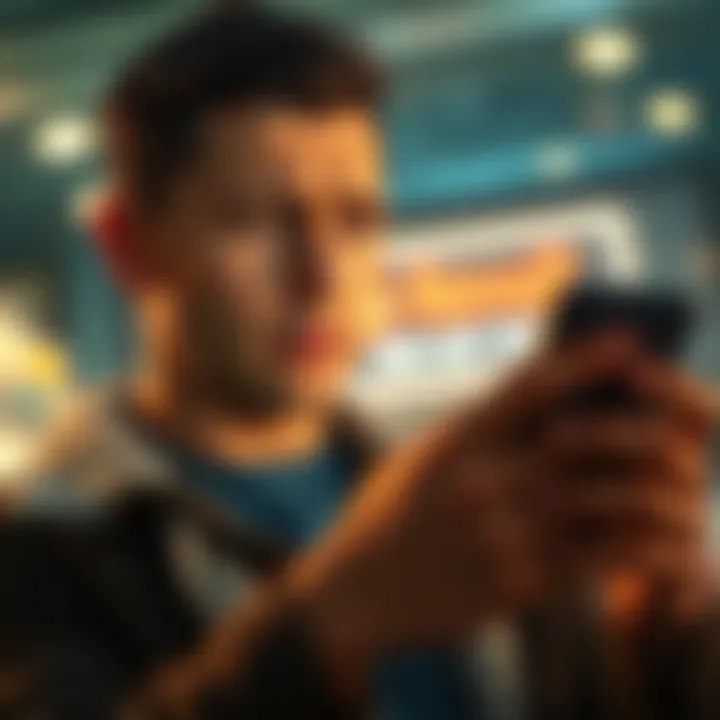 Person looking at a mobile phone with a worried expression, contemplating a financial transaction